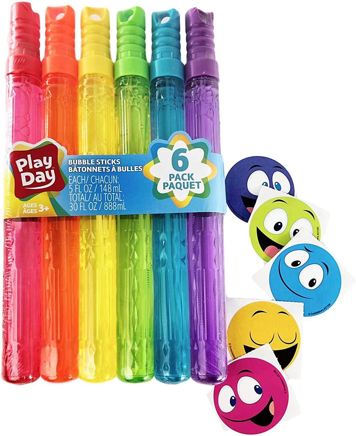 Two PC Bubble Bundle -Big Bubble Wands Assortment (Pack of 6) and 5 Unique Emoji Stickers